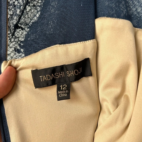 Tadashi Shoji Navy Blue Sleeveless Gown with Sequins Lace and Slit Size 12 - Picture 3 of 14